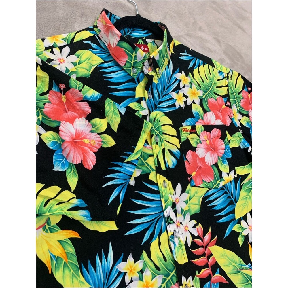 Fresku Men's Medium Tropical Floral Button Down Shirt Short Sleeve Black